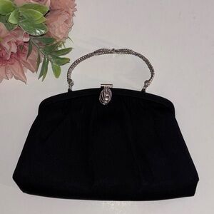 HL USA Black Evening Bag Vintage Black EveningBag Bow Handle Diamanté Accent
